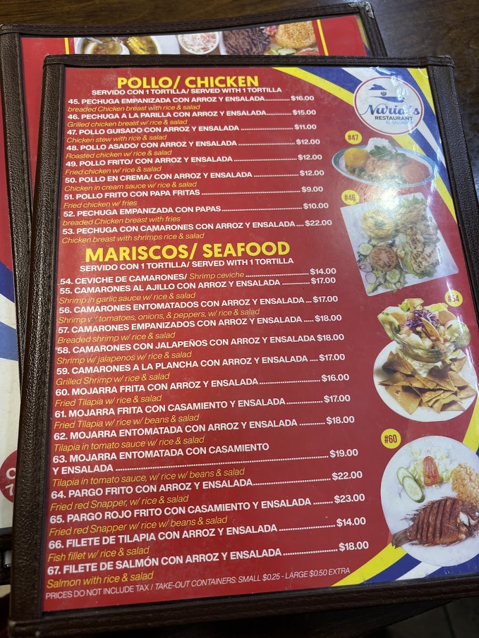 Printed menu showing soups and chicken dishes.