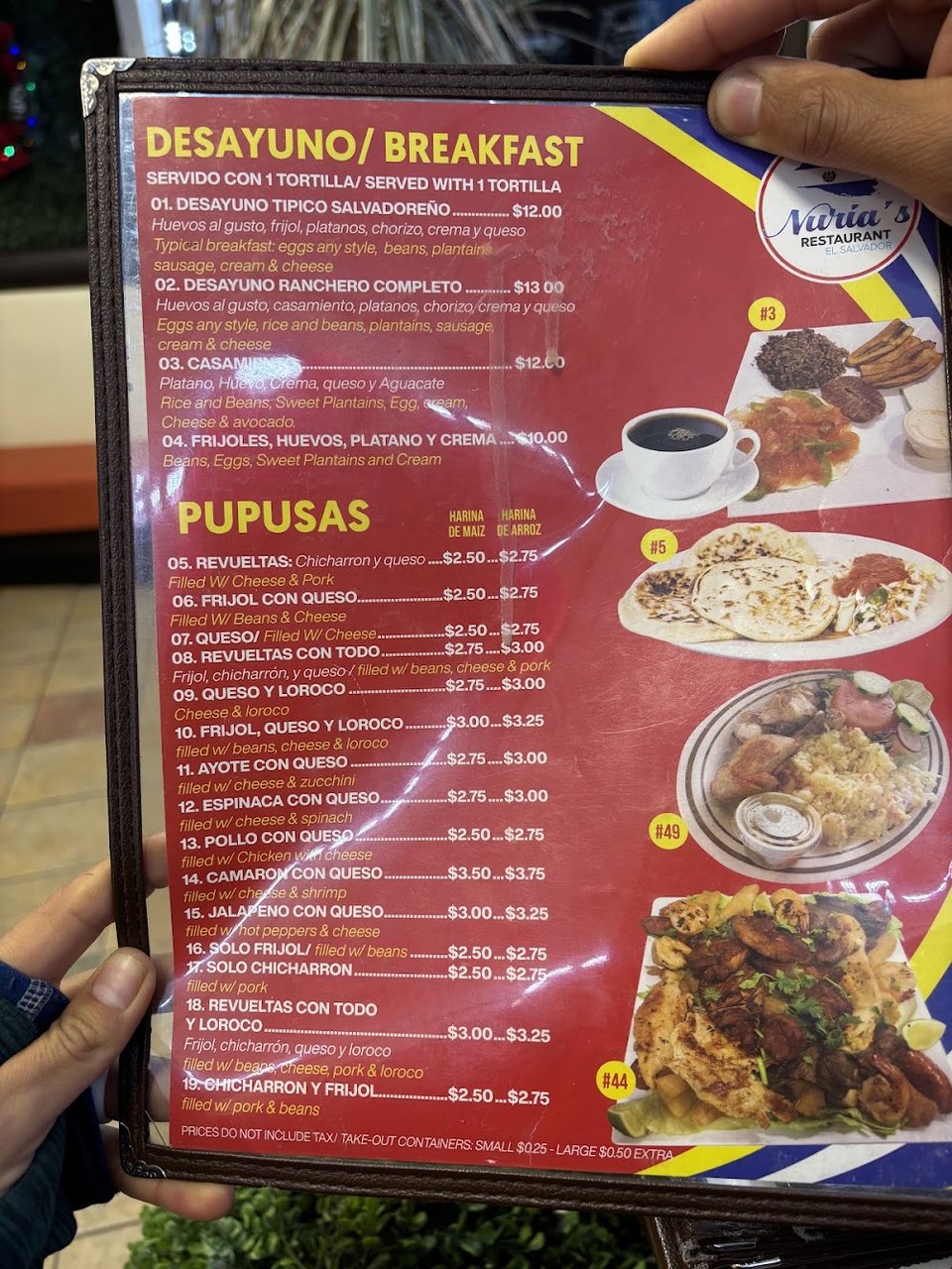 Food menu with Salvadoran-style dishes listed.